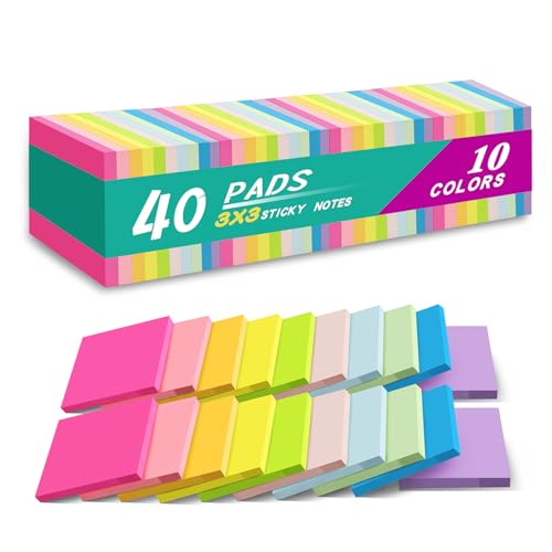 (40 Pads) Sticky Notes 3x3 in,Bright Colors Notepads,Colorful Stickies | Super Sticking Power,Memo Note Pads,Post on Windows Doors,Office,School,Strong Adhesive,Recyclable,Easy to Write