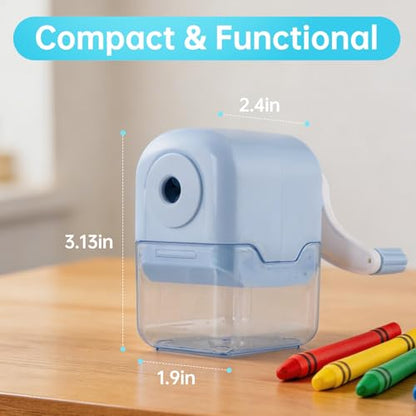 Crayon Sharpener Compatible with Crayola, Manual Hand Crank Crayon Sharpener, Transform Dull Crayons into Sharp, with Removable Shavings Container, for Home, Art Projects, and Travel, Blue