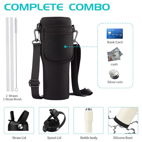 32/40 OZ Water Bottle with Carrying Case, Stainless Steel Insulated Bottle with Lid and Straw, Double Wall Vacuum Thermal Cup Fit in Car Cup Holder for Travel Drive - color: Cream White, size: 32 Ounces