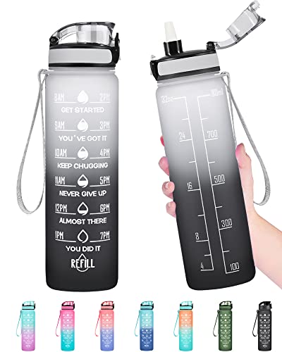 Enerbone Water Bottle, Leakproof BPA & Toxic Free, Motivational Water Bottle with Times to Drink and Straw, Fitness Sports Water Bottle with Strap for Office, Gym, Outdoor Sports - color: Gray-Black, size: 32 Ounces