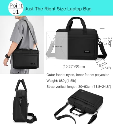 zhongningyifeng Laptop Bag 14 Inch Briefcase for Men Women Waterproof Nylon Lightweight, Shoulder Computer Messenger Bag for Business Office Work Travel College Black