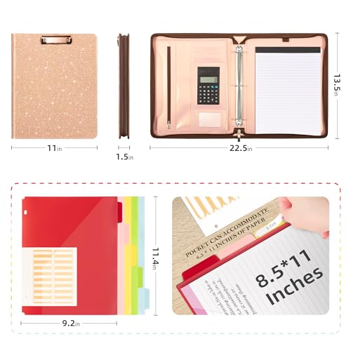 Ospelelf Clipboard with Storage, 3 Ring Binder with Zipper, Leather Padfolio Portfolio Folder, Calculator, 12.1” Tablet Sleeve, 5 Dividers with Pocket|Refillable Notepad, Card Slot (Rose Gold) - color: Rose Gold