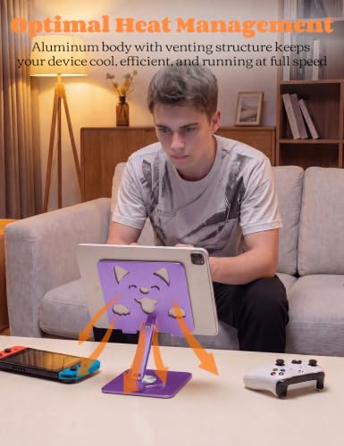 Aoviho Tablet Stand for iPad with 360° Rotating Base – Aluminum Adjustable Tablet Stand for Desk, Cute Dog Design Holder for iPad Pro/Air/Mini, Samsung Galaxy, Kindle, 4″–13″ Devices,Purple - color: Purple