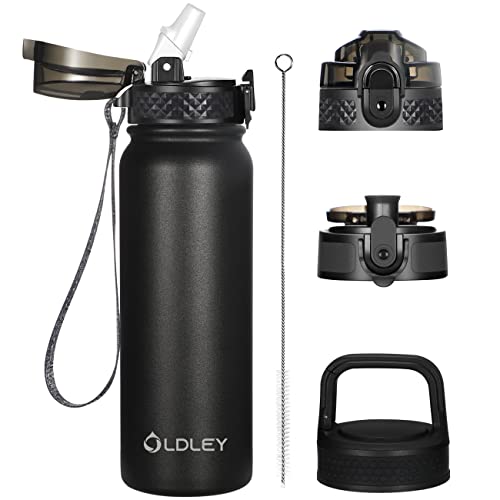 Oldley Insulated Water Bottle 20oz Water Bottles with Straw, Stainless Steel Water Bottle with 3 Lids, Double Wall Vacuum Bottles for Adult Kids, Sports Bottles for School Travel, Black - color: Black, size: 20 Ounces