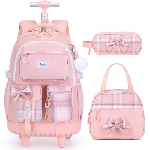 Bevalsa Rolling Backpack for Girls, Roller Backpack with Wheels, Cute Bow Plaid Wheeled School Bookbag Set with Lunch Bag & Pen Case, Suitcases for Kids Teens Elementary Middle Student (Pink) - color: Pink Plaid