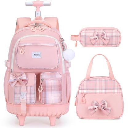 Bevalsa Rolling Backpack for Girls, Roller Backpack with Wheels, Cute Bow Plaid Wheeled School Bookbag Set with Lunch Bag & Pen Case, Suitcases for Kids Teens Elementary Middle Student (Pink) - color: Pink Plaid