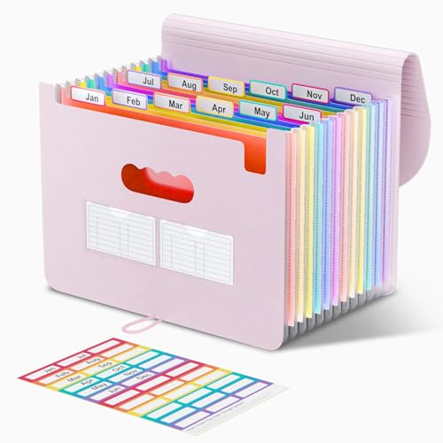 ThinkTex Accordion File Organizer, 12 - Pocket Expanding File Folders | for Receipts, Bills & Taxes Organizer, Letter/A4 Size Document Holder for School, Office, Home with tabs-Pinkish Purple - color: Pinkish Purple