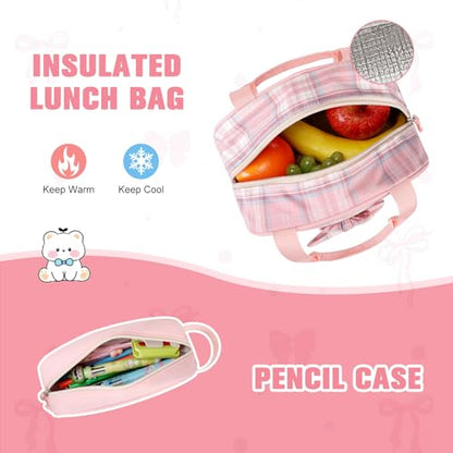 Bevalsa Backpack for Girls, Bow Plaid Bookpack with Bento Lunch Box, Insulated Bag & Utensils, 34oz Lunch Containers School Bags Set for Children Teens Kids Elementary Middle school Student (Pink) - color: Pink Plaid