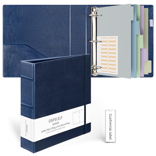 Ospelelf Vintage Hardcover 3 Ring 2 inch Leather Binder, Professional Binders Organizer Suitable for Letter Size Documents, Binder Dividers with Tabs, Dark Blue - color: Dark Blue, size: Letter Size - 2 Inch Ring