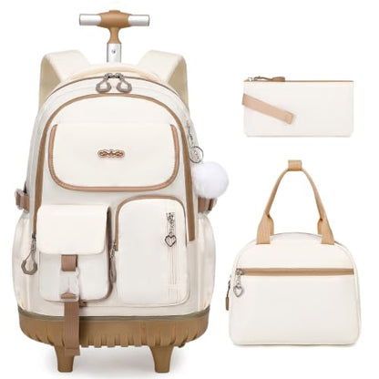 DIGOBAY Rolling Backpack for Girls, Girls Roller Backpack with Lunch Bag and Pencil Case, School Bookbag with Wheels for Elementary Middle High School Travel, Khaki - color: Khaki
