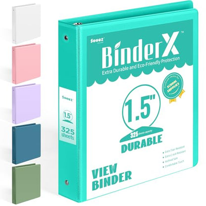 BinderX Extra Durable 1.5 Ring Binder, Round Ring 1.5 Inch Binders, Fits 325 Sheets of 8.5x11 Paper, Customizable View Cover with Inside Pockets, Cute 1.5" Binder, School Supplies for Girls, Aqua Blue - color: Aqua Blue, size: 1.5 inch