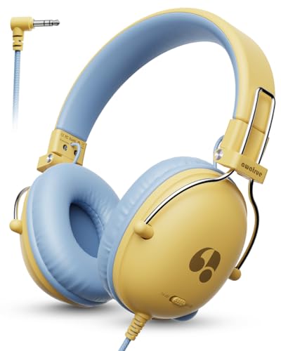 awatrue Kids Headphones, 74/85dB Safe Volume Limit, Stereo Sound, Wired On-Ear Headphones for Kids Boys Girls, 3.5mm Jack for Tablet, iPad, Kindle, YOTO Player, Airplane Travel, Yellow - color: Yellow-Blue