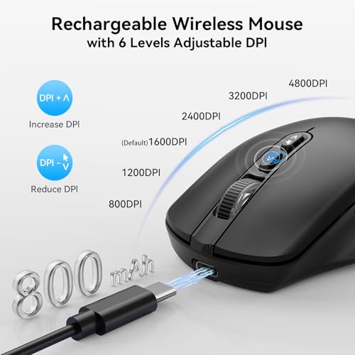 TECKNET Wireless Mouse Jiggler, Rechargeable Mouse with Built-in Mouse Mover, 6 Adjustable DPI,14 LED Modes, Silent Click,Undetectable Random Movement Keeps Computer Awake for Laptop/PC/Mac - Black - color: Black