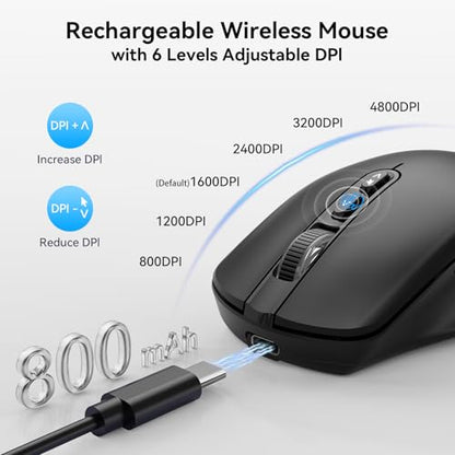 TECKNET Wireless Mouse Jiggler, Rechargeable Mouse with Built-in Mouse Mover, 6 Adjustable DPI,14 LED Modes, Silent Click,Undetectable Random Movement Keeps Computer Awake for Laptop/PC/Mac - Black - color: Black