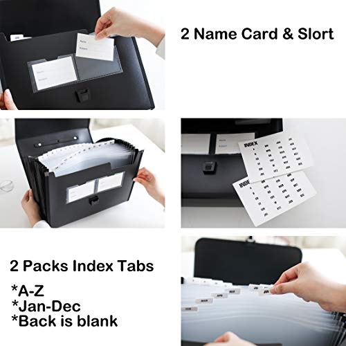 FANWU 26 Pockets Expanding File Accordion Folder with Handle - Letter A4 Paper Size - Expandable Large Plastic File Folder Wallet Monthly Portable Document Organizer with Flap & Buckle (Black)