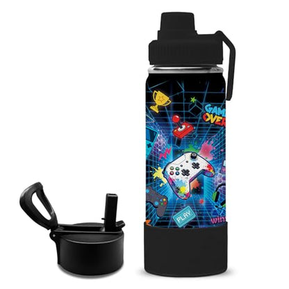 Gamer Gifts for Boys Kids - 18oz Gaming Water Bottle Stainless Steel, Insulated Straw Lid Leak Proof, BPA Free Metal Thermos for Teen Boys Girls, Video Game Party Favors Travel School（Game1） - color: Game1
