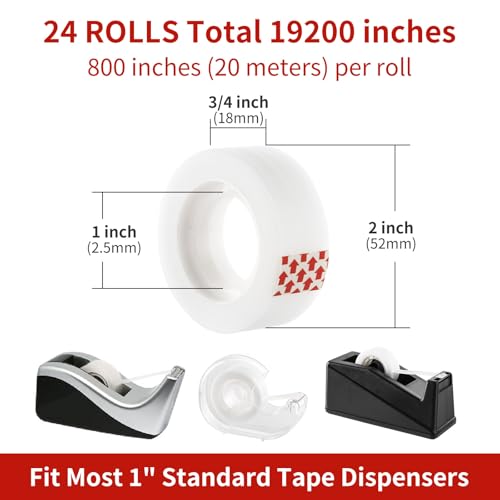 24 Rolls Invisible Tape Refills for Dispenser, 3/4 x 800 Inches | Matte Finish, Translucent, Bulk, 1 Inch Core, For Office School Home, Repairing Correction and Labeling, Gift Wrap Tape