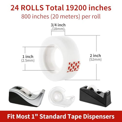 24 Rolls Invisible Tape Refills for Dispenser, 3/4 x 800 Inches | Matte Finish, Translucent, Bulk, 1 Inch Core, For Office School Home, Repairing Correction and Labeling, Gift Wrap Tape