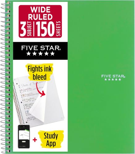 Five Star Spiral Notebook + Study App, 3 Subject, Wide Ruled Paper, 8" x 10-1/2", 150 Sheets, Fights Ink Bleed, Water Resistant Cover, Forest Green (73176) (Pack of 6) - color: Green, size: 8" x 10-1/2" (Pack of 6)