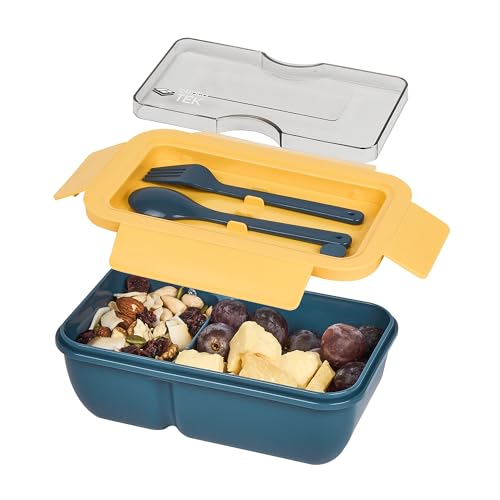 Restaurantware-Bento Tek 28.7 Ounce Bento Boxes, 10 Reusable Lunch Containers - With Fork And Spoon, Does Not Contain BPA, Blue And Yellow Plastic Reusable Lunch Boxes, Microwavable, Dishwashable - size: 10 Count, style: 29 oz - Blue