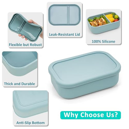 100% Silicone Bento Box Adult with 2 Compartments, 32oz, Reusable Divided Lunch Box Meal Prep Containers for Entree and Side Food Snack Storage, BPA-Free Plastic-Free, Microwave Dishwasher safe, Green - color: Blue | 32oz | 2-Compartment