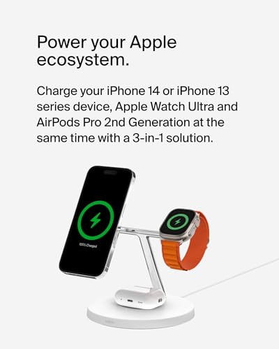 Belkin MagSafe Charger, 3-in-1 Wireless Charging Stand, 2ND GEN, 33% Faster for Apple Watch, iPhone 16, iPhone 15, iPhone 14 Series, AirPods - MagSafe Charging Station for Multiple Devices - White | WIZ017TTWH), Magsafe Iphone Fast Charging Up to 15W, Wir