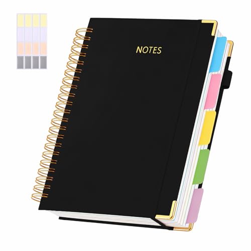 5 Subject College Ruled Notebook, 300 Pages Ink-Proof Paper, 8x10 Inch, Hardcover Spiral Bound with Dividers and Tabs, Ideal for School, College, Work, Students (Black) - color: Black
