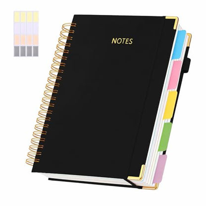 5 Subject College Ruled Notebook, 300 Pages Ink-Proof Paper, 8x10 Inch, Hardcover Spiral Bound with Dividers and Tabs, Ideal for School, College, Work, Students (Black) - color: Black