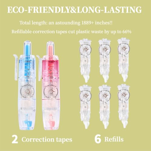 Refillable Correction Tape, 157 ft Total – 2 Pre-Filled Dispensers + 6 Snap-In Refills, School & Office Supplies, Pink & Blue - color: Pink+Blue