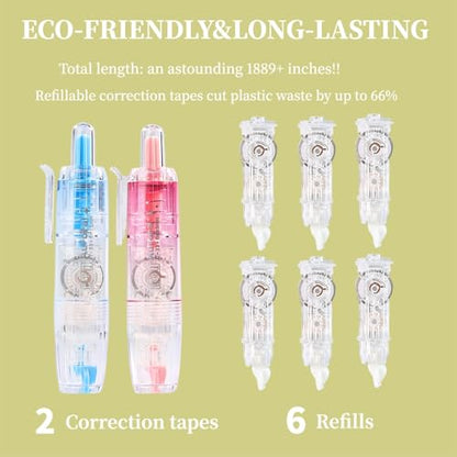 Refillable Correction Tape, 157 ft Total – 2 Pre-Filled Dispensers + 6 Snap-In Refills, School & Office Supplies, Pink & Blue - color: Pink+Blue
