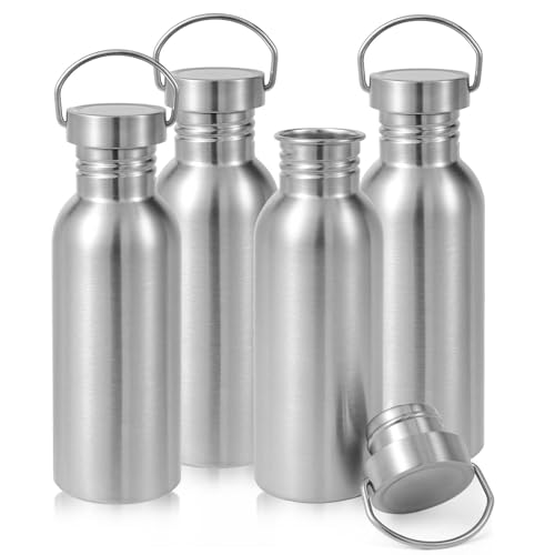 Volhoply 22oz Uninsulated Single Walled Water Bottle 4 Pack, Stainless Steel Reusable Water Bottles with Handle, BPA Free & Plastic Free 18/8 304 Metal Water Bottles for Camping, Hikers, Cyclists - size: 22 Ounces