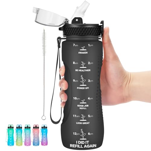 24 OZ Motivational Water Bottle With Time Marker,Leak Proof,Straw Lid, Tritan BPA Free Sports Water Bottle Black(1 Lid) - color: Black