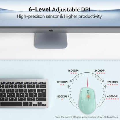 TECKNET Wireless Mouse, 2.4G USB Computer Mouse with 6-Level Adjustable 4800 DPI, 30 Months Battery, Ergonomic Grips, 6 Buttons Portable for PC, Chromebook, Mac - Green - color: Green