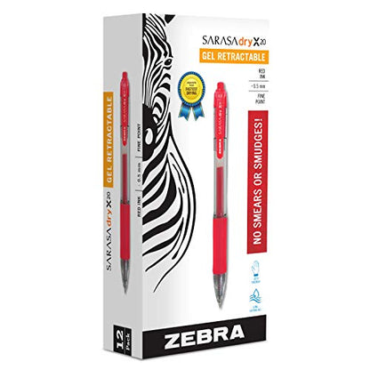 Zebra Pen Sarasa Dry X20 Retractable Gel Pens, 0.5mm Medium Point, Red Ink with Rapid Fast Dry Ink Technology, Ideal for the Left-Handed, Eliminates Smudging and Smearing in Seconds, 12-Pack (46730) - color: Red