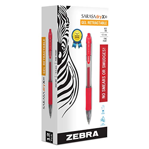 Zebra Pen Sarasa Dry X20 Retractable Gel Pens, 0.5mm Medium Point, Red Ink with Rapid Fast Dry Ink Technology, Ideal for the Left-Handed, Eliminates Smudging and Smearing in Seconds, 12-Pack (46730) - color: Red