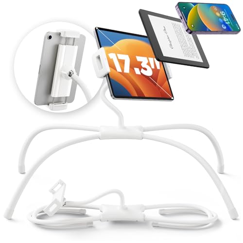 SAIJI Tablet Holder for Bed - iPad Phone Stand for Lap (White) | Fit Devices from 4.7" to 15.6", 360-Degree Rotating Clip, Hands-Free Reclined Reading, Neck & Posture Relief - color: White