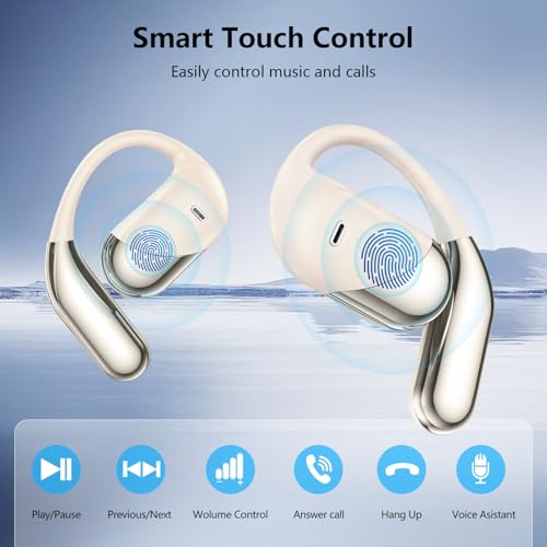 Open Ear Clip Wireless Earbuds Headphones, Bluetooth Built-in Mic, IPX7 Waterproof, LED Display Charging Case,Ear Hooks Ear Buds Ultra Comfort Design for Running/Walking/Cycling/Gym - color: Beige