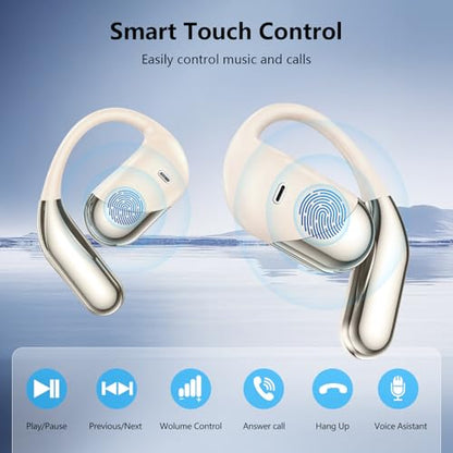 Open Ear Clip Wireless Earbuds Headphones, Bluetooth Built-in Mic, IPX7 Waterproof, LED Display Charging Case,Ear Hooks Ear Buds Ultra Comfort Design for Running/Walking/Cycling/Gym - color: Beige