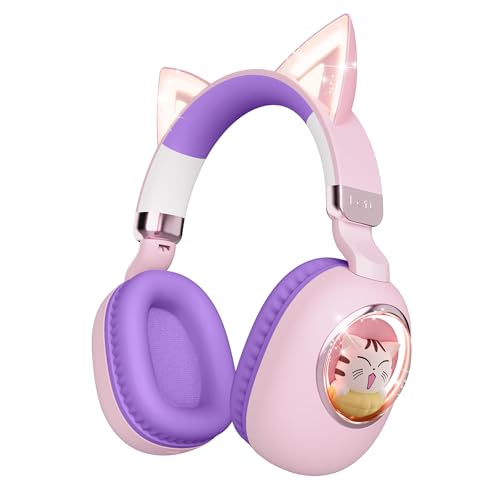 Kids Headphones Bluetooth 5.4 - Cat Ear LED Light Up Noise Cancelling Wireless Headphones with Mic, 85dB Volume Limited, Wired & Wireless Mode for Travel/School/iPad - color: Pink Purple