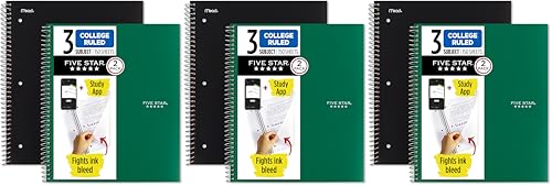 Five Star Spiral Notebook + Study App, 3 Subject, College Ruled Paper, 8-1/2" x 11", 150 Sheets, Fights Ink Bleed, Water Resistant Cover, Black, Green (820191) (Pack of 6) - color: Black, Forest Green, size: 6 Pack