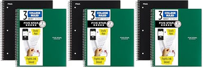 Five Star Spiral Notebook + Study App, 3 Subject, College Ruled Paper, 8-1/2" x 11", 150 Sheets, Fights Ink Bleed, Water Resistant Cover, Black, Green (820191) (Pack of 6) - color: Black, Forest Green, size: 6 Pack