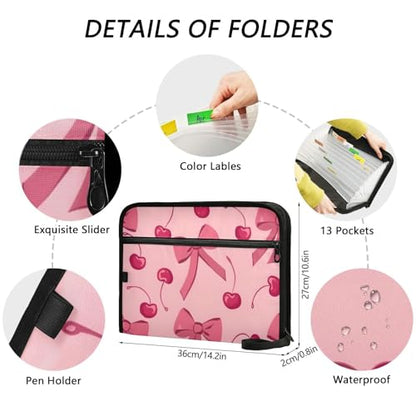 Expanding File Folder Bow Cherry Pink Accordion File Organizer 13 Pockets Document Organizer with Zipper Labels A4 Letter Office Storage