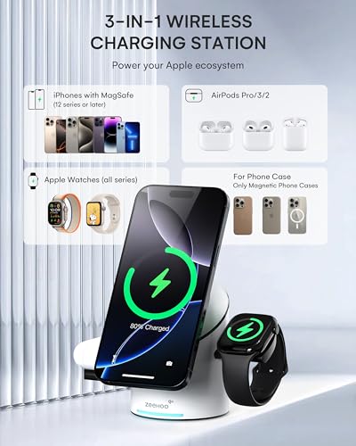ZEEHOO 3 in 1 Charging Station for Apple Devices, Mag-Safe Charger Stand, Qi2 15W Auto-Rotating Wireless Charger for iPhone 17 16/15/14/13/12 Series& AirPods& iWatch(White) - color: White