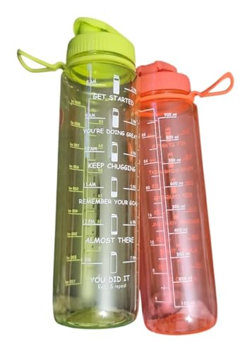 Water Bottles With Measurements and Time Markers BPA Free 2-Pack (Green and Orange)
