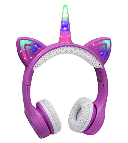 Unicorn Headphones for Girls,Bluetooth Unicorn Headphones Toddler School Laptop Cellphones Plane use, Light Up Wireless Kid Headphone Birthday Gifts (Dark Purple) - color: DARK PURPLE