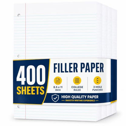 1InTheOffice Loose Leaf Paper College Ruled, Filler Paper, Notebook Paper College Ruled, 8" x 11", 3-Hole Punched, 400 Sheets