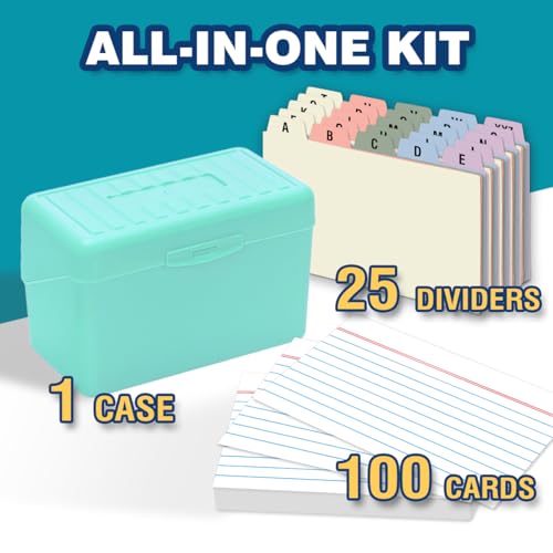 H4D 3x5 Index Card Holder with 100 Index Cards and 25 Dividers, Mint Green | 3x5 Inch Plastic Box, Heavyweight 3x5 Index Cards, Plastic 3x5 Index Card Dividers, Snap Closure Lid - color: Mint Green, size: 3"x5"