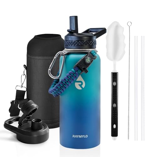 RAYMYLO Insulated Water Bottle 32 oz, Triple Wall Vacuum Stainless Steel (Cold for 24Hrs, Hot for 12Hrs), Leak Proof & Non-BPA, Modern Water Flask Jug with Paracord Handle & Straw Spout Lids - color: Cyan Blue, size: 32 Ounces