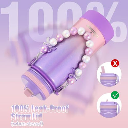 Mininoo Kids Water Bottle for School - 16 oz Stainless Steel Insulated Water Bottle with Ceramic-Lined, Leakproof Straw Lid & Beaded Handle for Girls & Boys - color: Sparkle Lavender