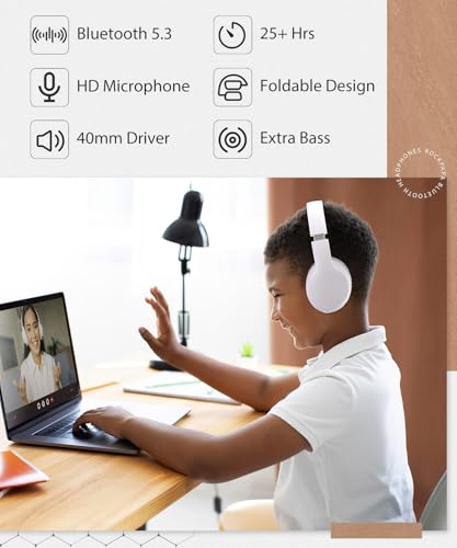 rockpapa E7 Over Ear Wireless Bluetooth Headphones with Mic, Foldable Wired/Wireless Headphones with Microphone for Kids Childrens Boys Girls Teen Youth Adult White - color: White, style: without Case